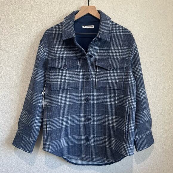 NWOT REFORMATION Giles Blue Check Wool Blend Heavy Shirt Jacket Shacket Medium